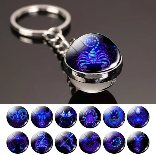 Nick's Collection 12 Constellation Double Glass Ball European Korean and American Styled Blue Luminous Alloy Key Chain Accessory and Gift - Nick's Collection